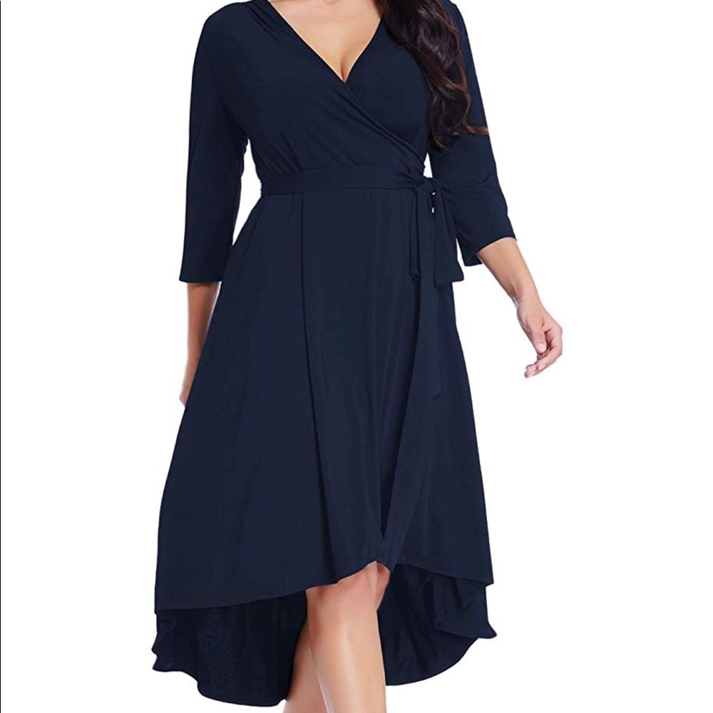 Navy 3/4 sleeve high low hem wrap dress
